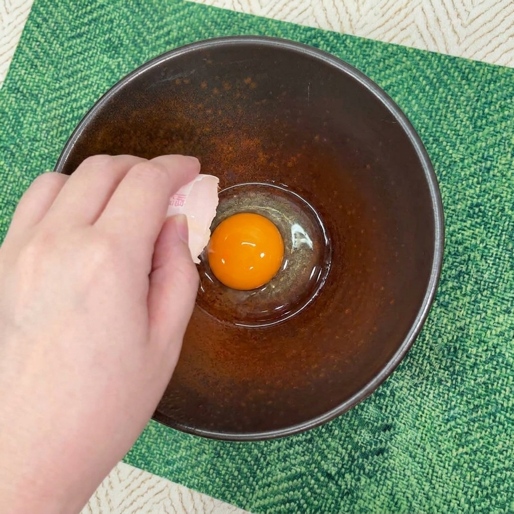 茶色の陶器のボウルに、鮮やかなオレンジ色の生の卵黄を落とす様子。