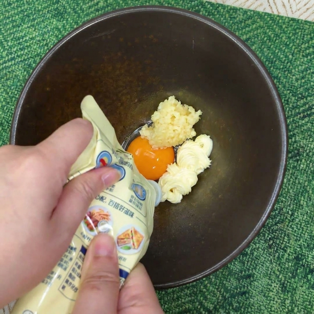 ボウルの中の卵黄とにんにくの上に、チューブからマヨネーズを絞り出している手。