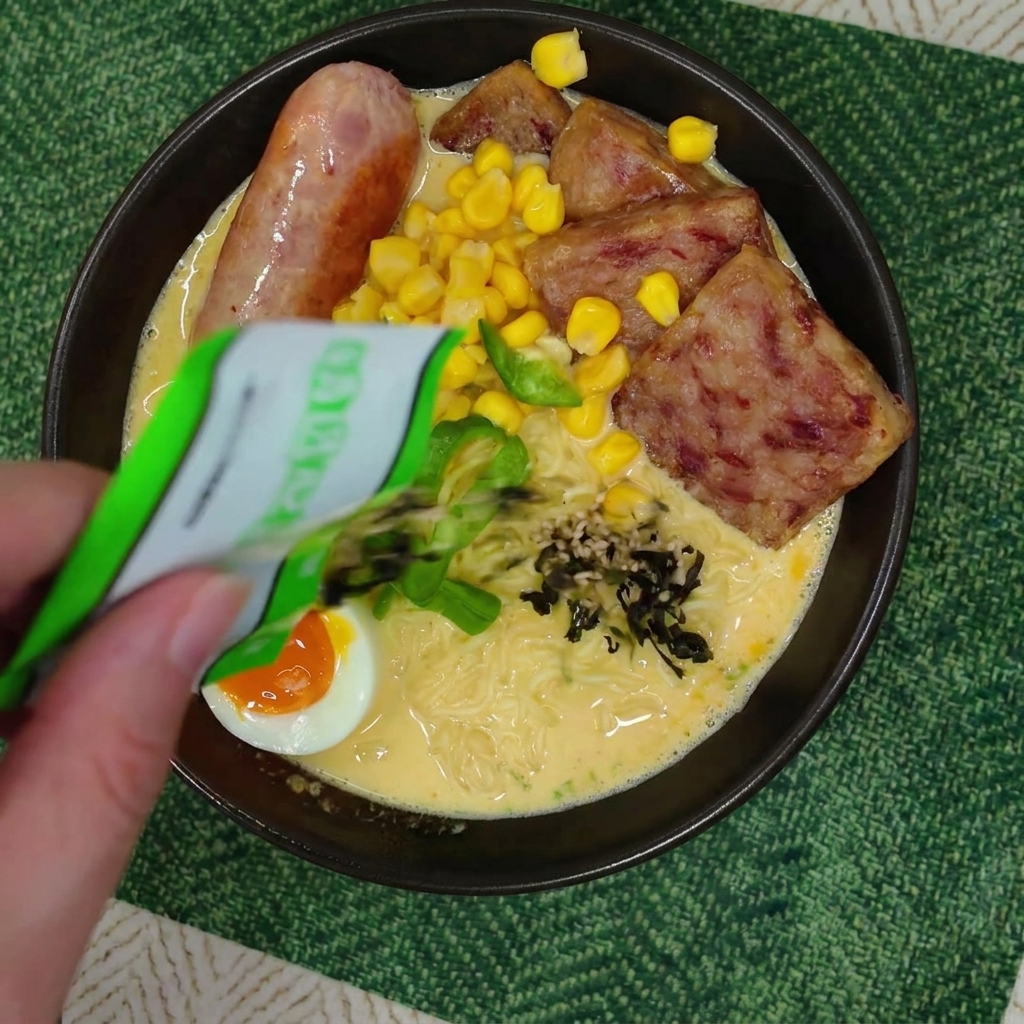 盛り付けが完了したラーメンの上に、刻み海苔と白ごまを振りかけている手元。