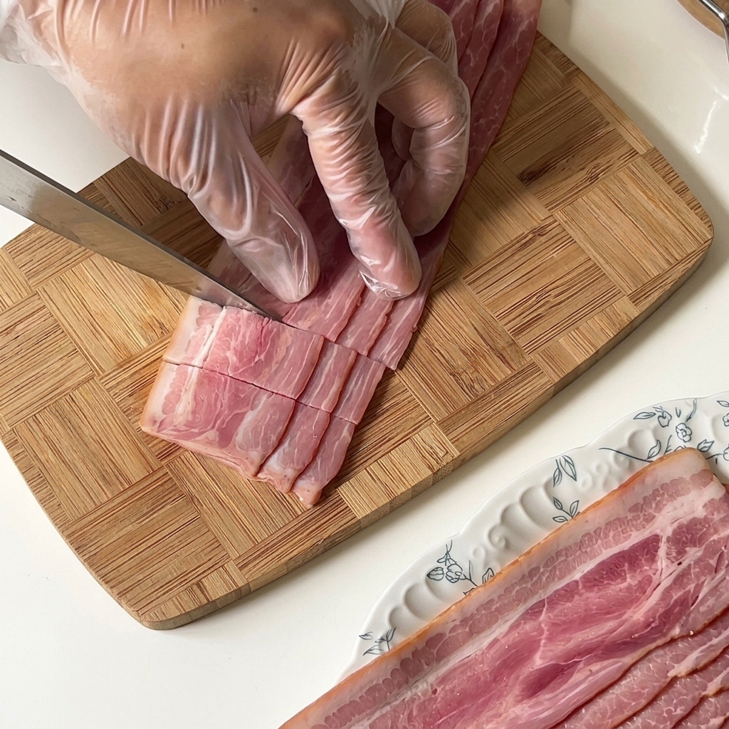 生の厚切りベーコンを、食べやすい短冊切りにしている様子。