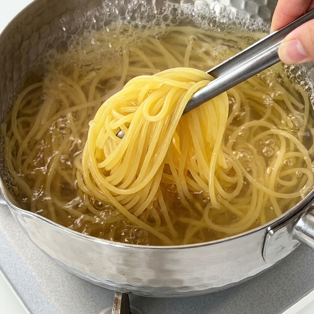 沸騰したお湯の中で、スパゲッティをトングで混ぜている様子。