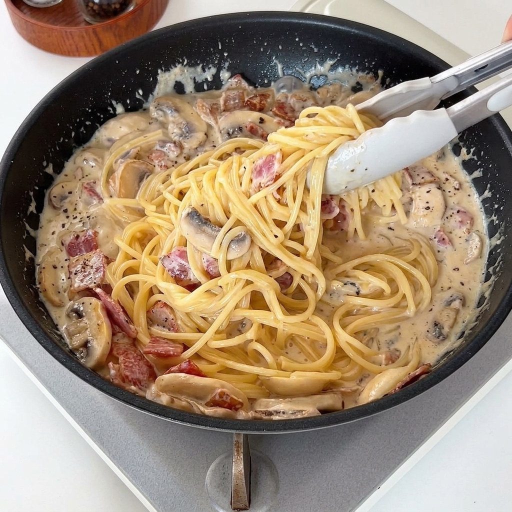 トングを使って、ソースと麺を具材と一緒に手早く混ぜ合わせている様子。