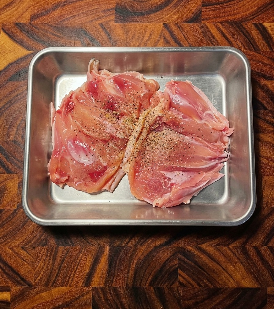 ステンレス製のバットの中で、骨を除いた生の鶏もも肉に黒コショウをしっかりと振って下味をつけているクローズアップ。