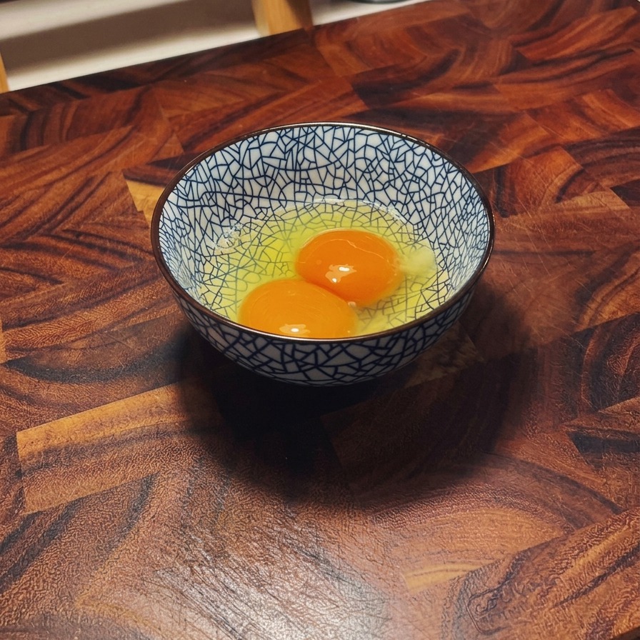 木目のテーブルの上に置かれた、青と白の模様が入ったセラミックの器の中で、2個の生卵が軽く混ぜられている様子。