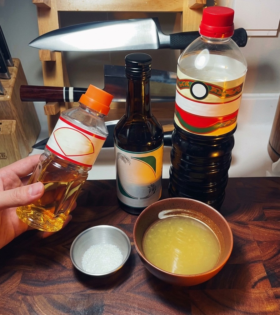 キッチンのカウンターの上に、日本の基本調味料のボトルと、砂糖や出汁が入った小さなボウルが並べられている様子。