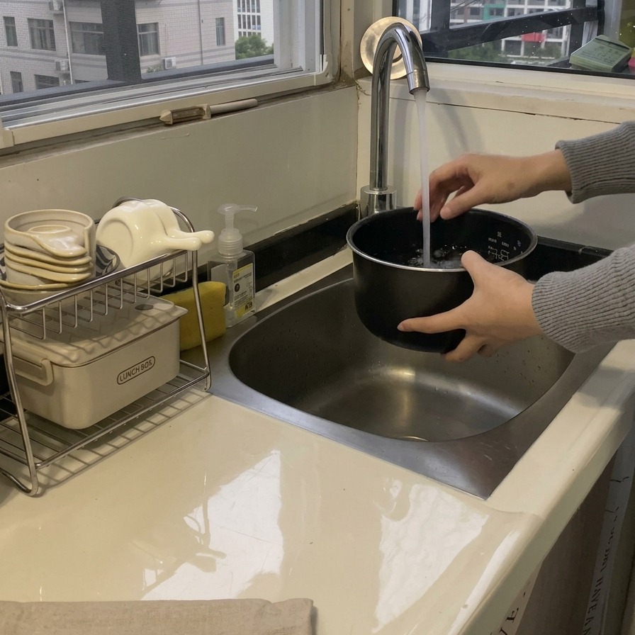 キッチンの蛇口の下で黒い内釜の中のお米を研いでいる人。シンクの中で手を使って水とお米を円を描くように回している。