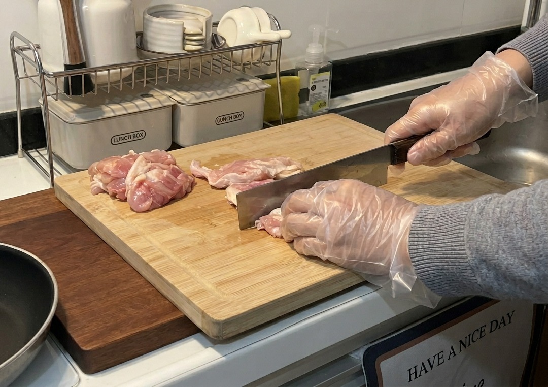 木製のまな板の上で、鋭いシェフナイフを使って生のピンク色の鶏もも肉を小さく切っている手袋をはめた手。