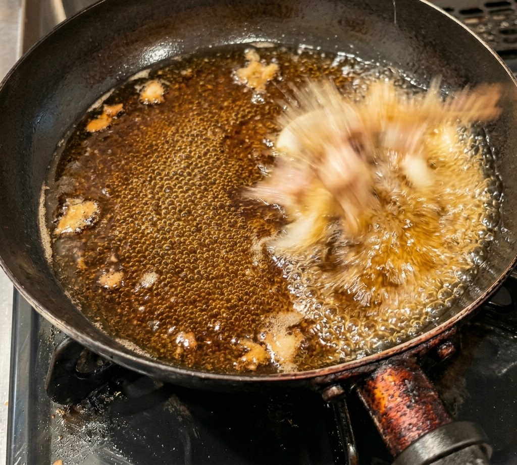 フライパンで沸騰している濃い色のアツアツの煮汁に、生の鶏肉をトングで並べている様子。