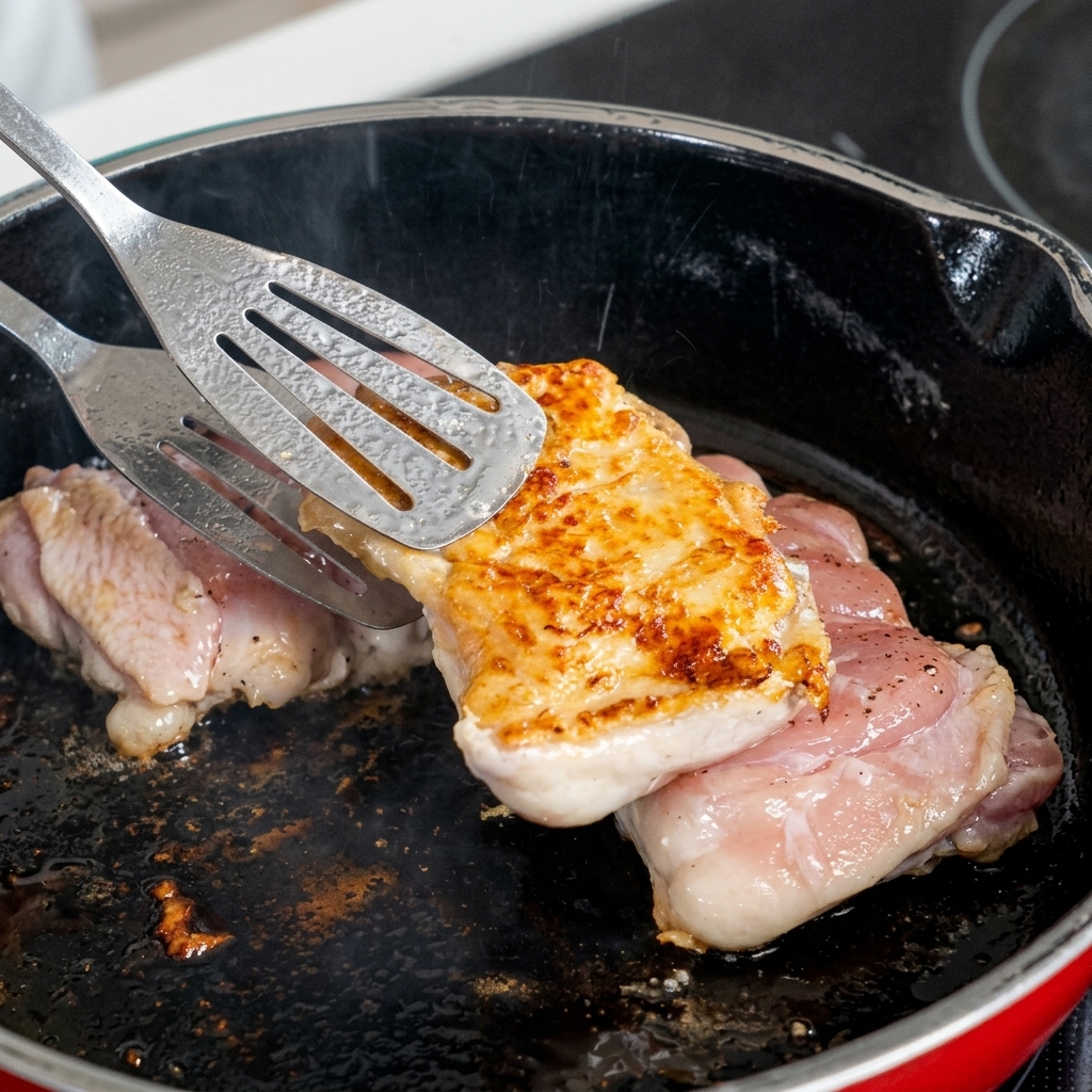 フライパンから鶏肉を少し持ち上げ、完璧にカリッと黄金色に焼けた皮目を見せている様子