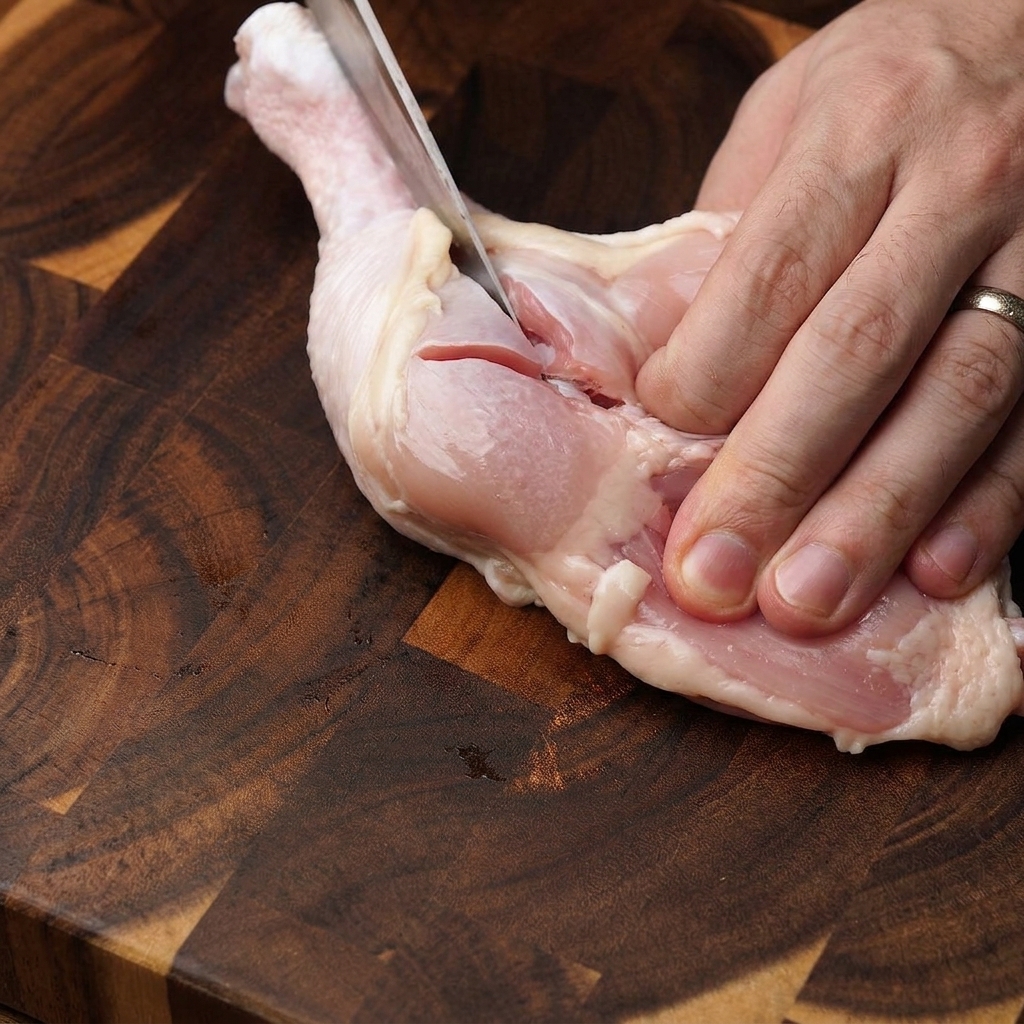 木製のまな板の上で、鋭い包丁を使って生の鶏もも肉から骨を丁寧に取り除いている様子