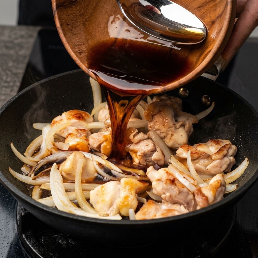 鶏肉と玉ねぎが入ったフライパンに、木製のボウルから濃い色の合わせ調味料を注ぎ入れている様子