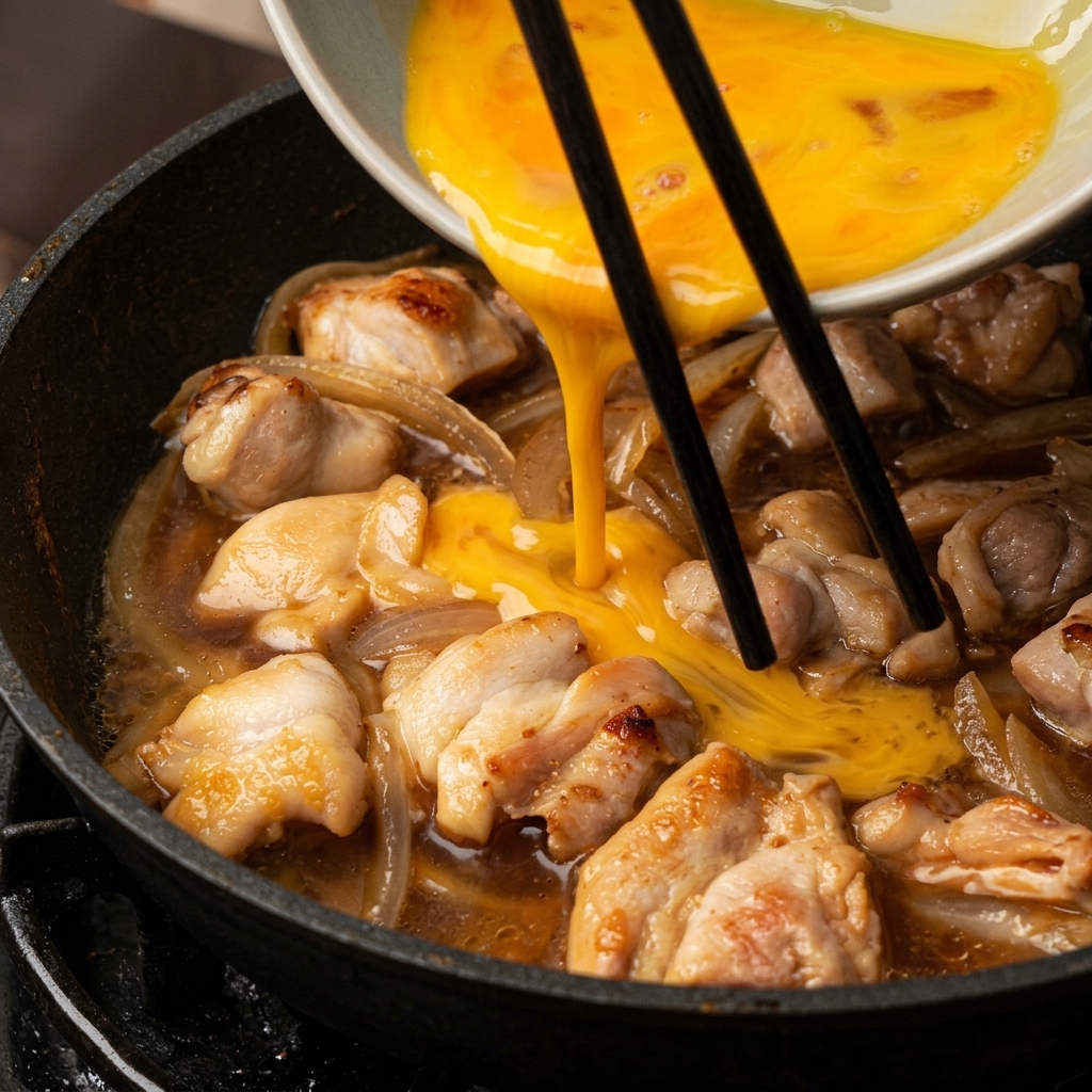 鶏肉と玉ねぎが煮立つフライパンに、セラミック製のボウルから鮮やかな黄色の溶き卵を円を描くように注いでいる様子