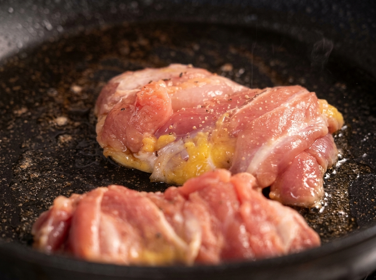 フライパンで焼かれている鶏肉の表面に、挽きたての黒こしょうが振りかけられているクローズアップ写真。