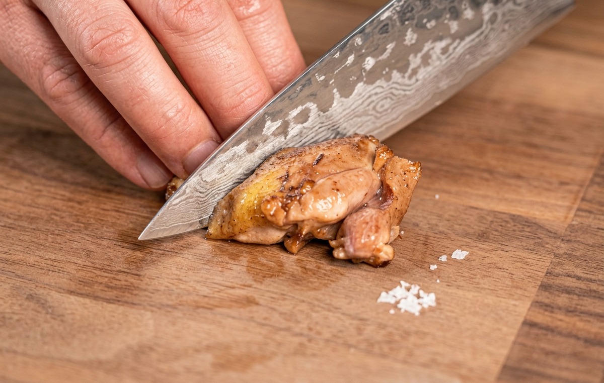 木製のまな板の上で、表面を香ばしく焼いた鶏もも肉を切れ味の良い牛刀で切り分けている様子。