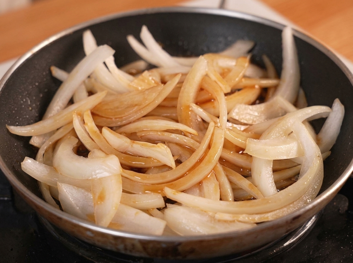 小さなフライパンの中で炒めた玉ねぎに、濃い茶色の出汁と醤油、みりんの合わせ調味料が注がれている様子。