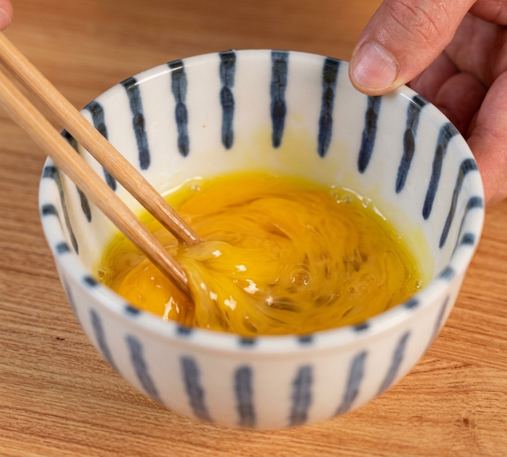 青と白のストライプ柄のボウルの中で、箸を使って卵を軽くほぐし、黄身と白身の筋が残っている様子。