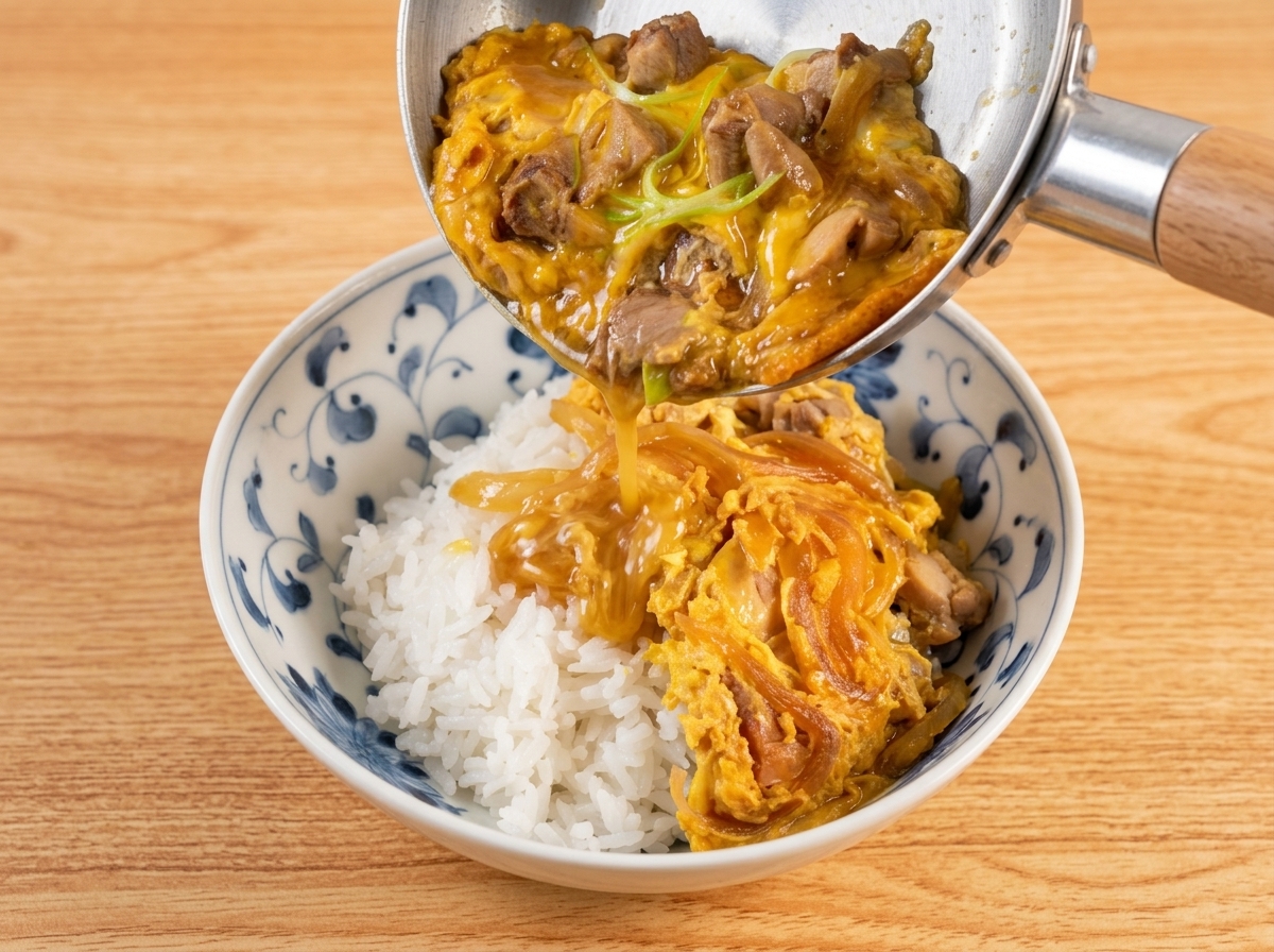 温かいご飯が盛られた青い模様の陶器の丼に、シルバーのフライパンから調理したての鶏肉と卵の具材を滑らせるようにのせている様子。