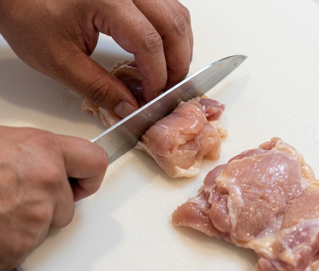 白いプラスチック製のまな板の上で、生の鶏もも肉を包丁で小さく一口大に切っている様子。
