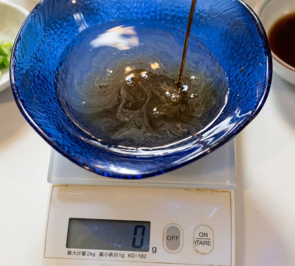 デジタルキッチンスケールの上に置かれた、青いガラスのボウルに濃い液体が注がれている様子。