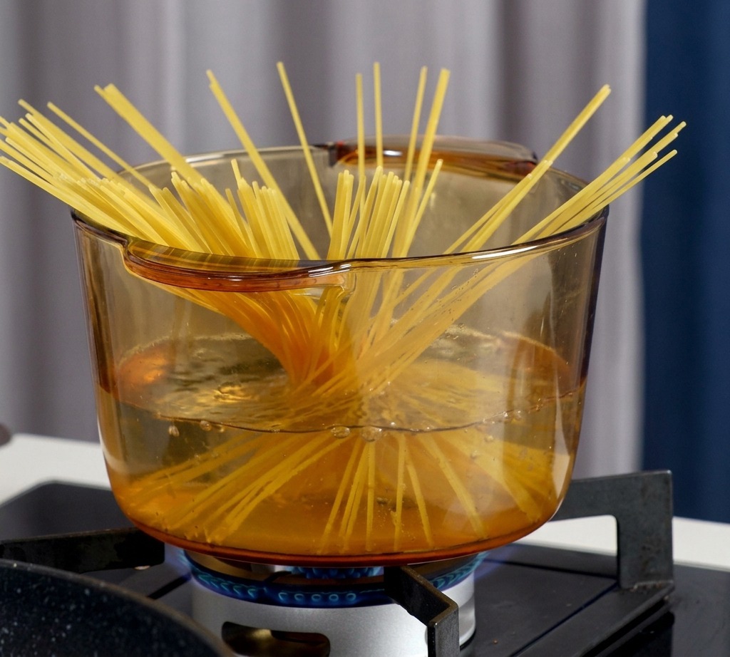 沸騰したお湯が入ったガラス鍋の中で茹でられているスパゲッティ。