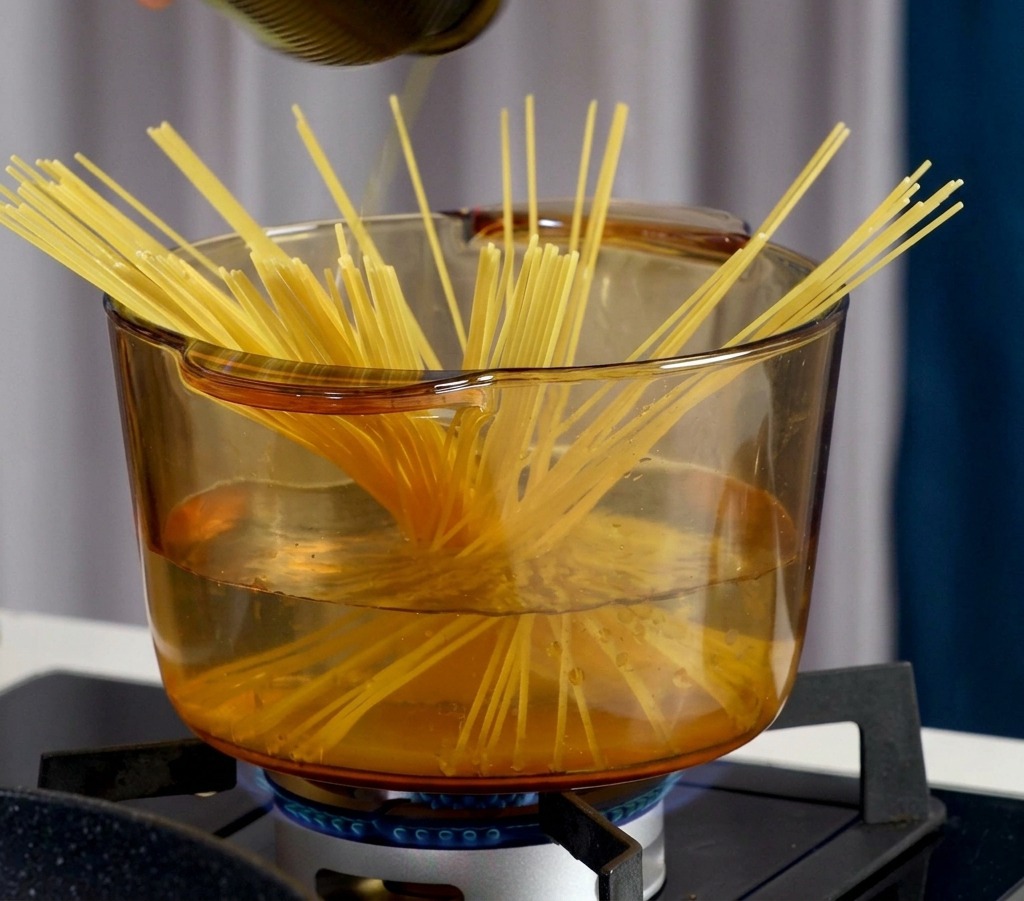 茹でているパスタのお湯にオリーブオイルと塩を加える様子。