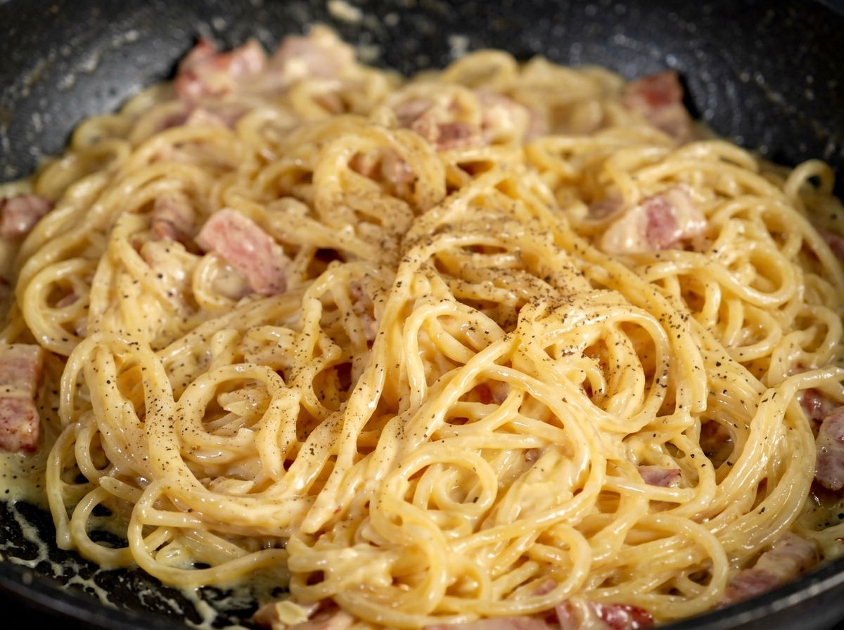 完成間近のパスタにたっぷりと黒こしょうを振る様子。