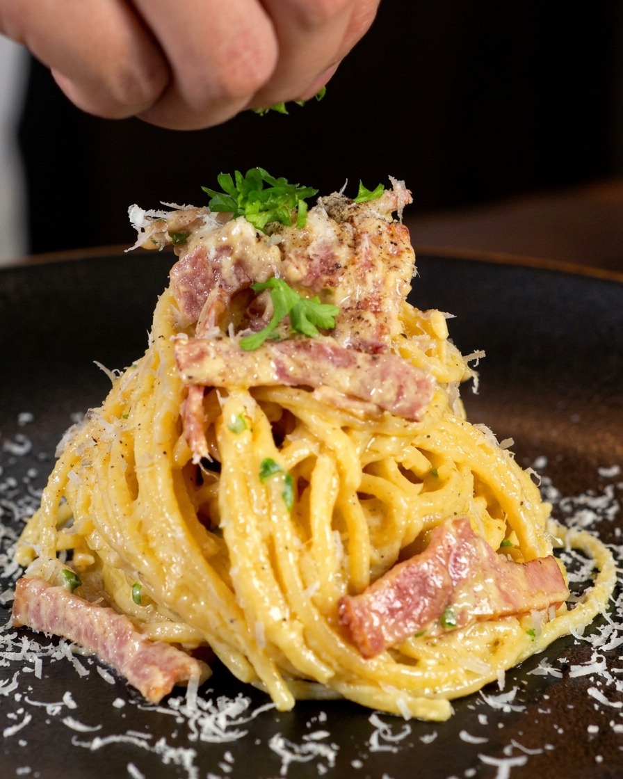 盛り付けたパスタの上にパセリを散らしている様子。