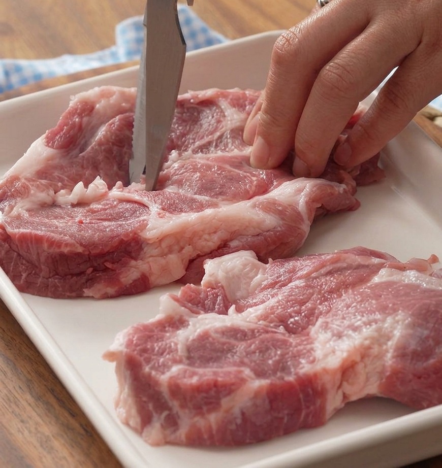 白いトレイの上で、生の豚肩ロース肉からキッチンバサミを使って白い筋や余分な脂身を丁寧に切り落としている手元のアップ。
