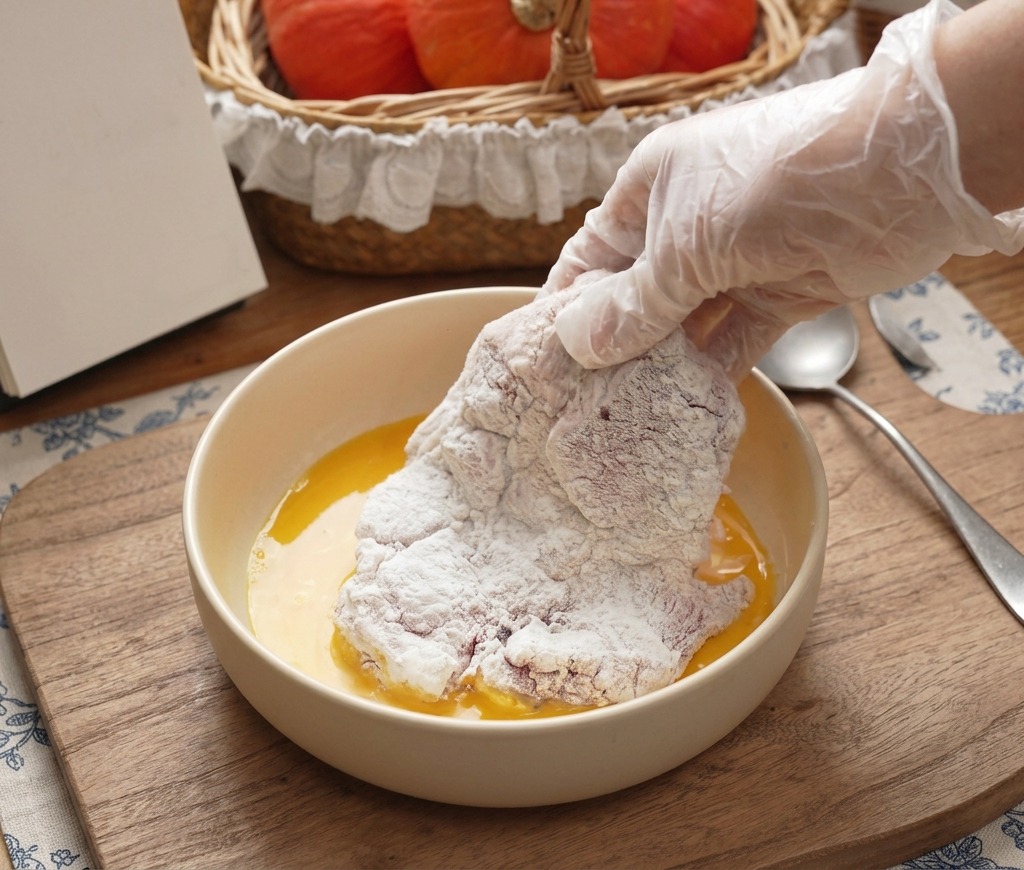 手袋をはめた手で、薄力粉をまぶした豚肉を、溶き卵が入ったボウルに浸している様子。