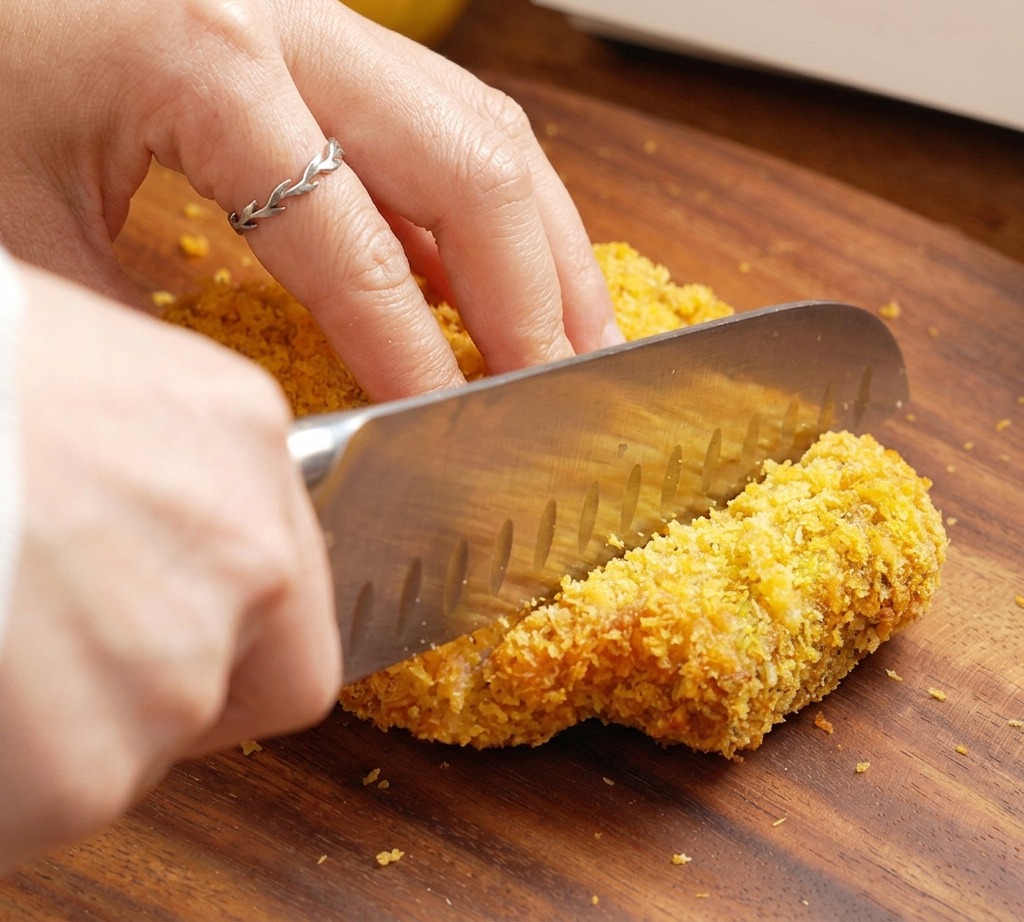 木製のまな板の上で、包丁を使って、焼き上がった厚みのあるサクサクのトンカツを一定の幅に切り分けているクローズアップ。