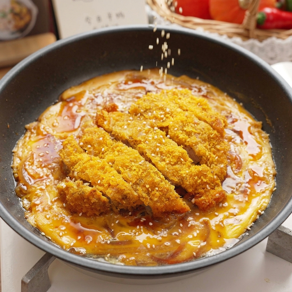 甘辛いタレと半熟卵に包まれた完成したカツ丼のフライパンに、上から白いりごまを振りかけている様子。