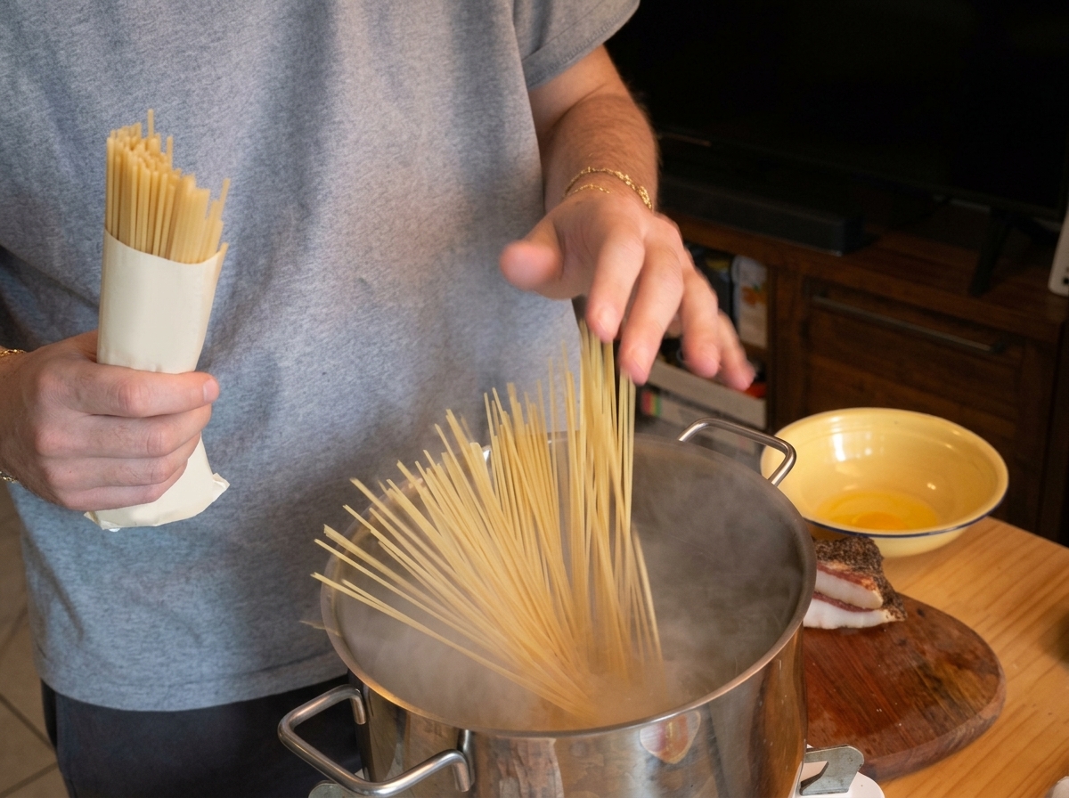湯気が上がる大きな鍋に、乾燥スパゲッティを広げるように入れている様子。