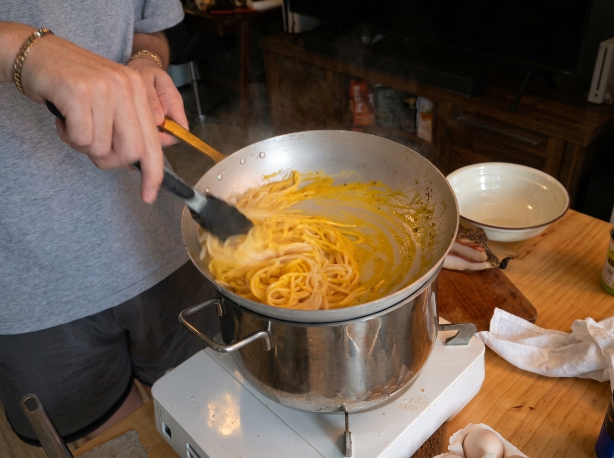 湯煎状態のフライパンの中で、スパゲッティをソースと勢いよく絡めている手元の様子。