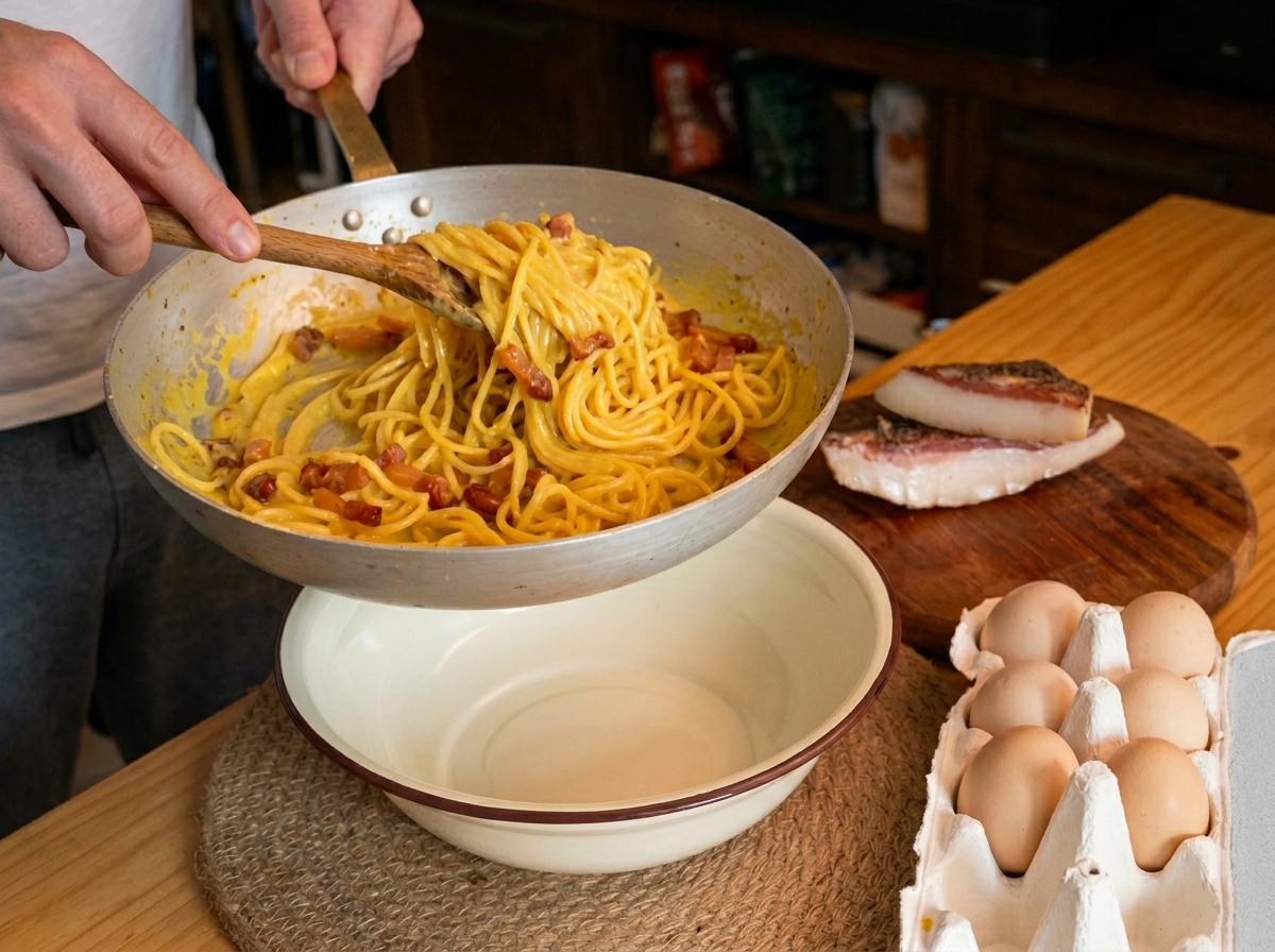 白いサービングボウルに、クリーミーなパスタとカリカリのグアンチャーレを丁寧に盛り付けている様子。