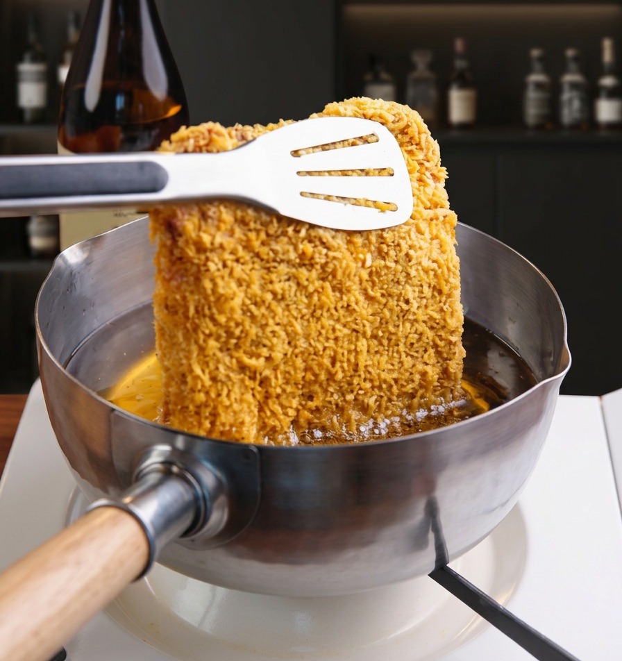 衣をつけた豚肉を、スパチュラとトングを使って熱した揚げ油の中に入れている様子