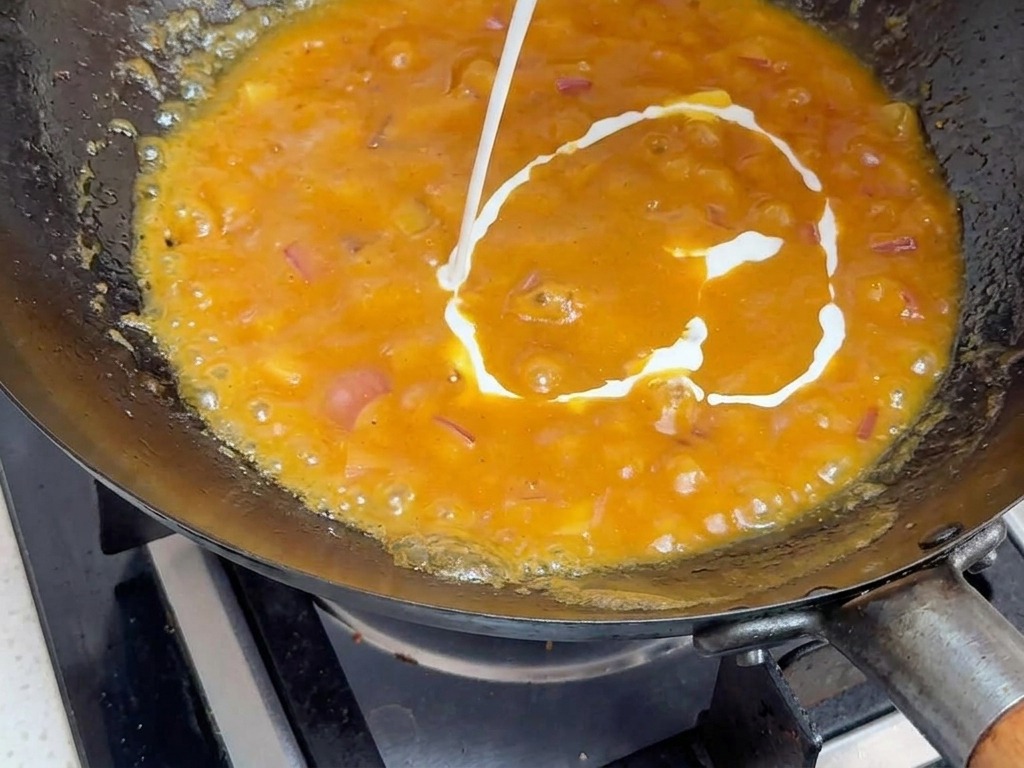 ふつふつと煮立つカレーに、パックからココナッツミルクを注いでいる様子。
