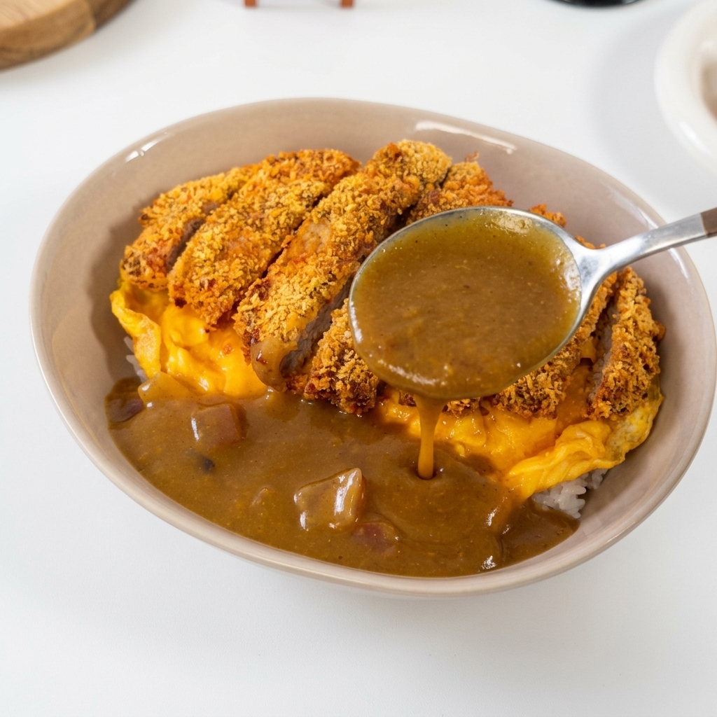 とんかつと卵の上に、おたまを使って濃厚なカレーソースをかけている様子。