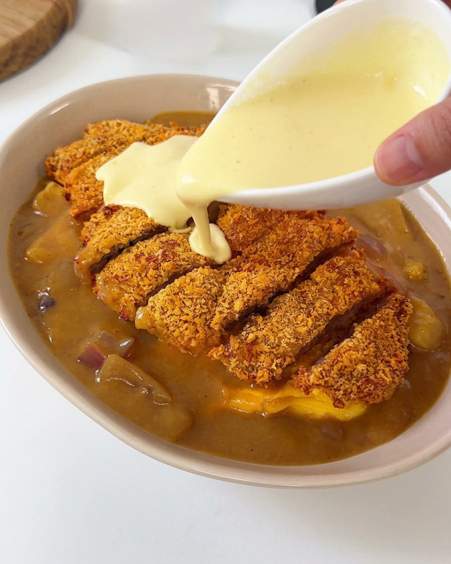 カレーの上のとんかつに、白いチーズソースを小鉢から回しかけている様子。