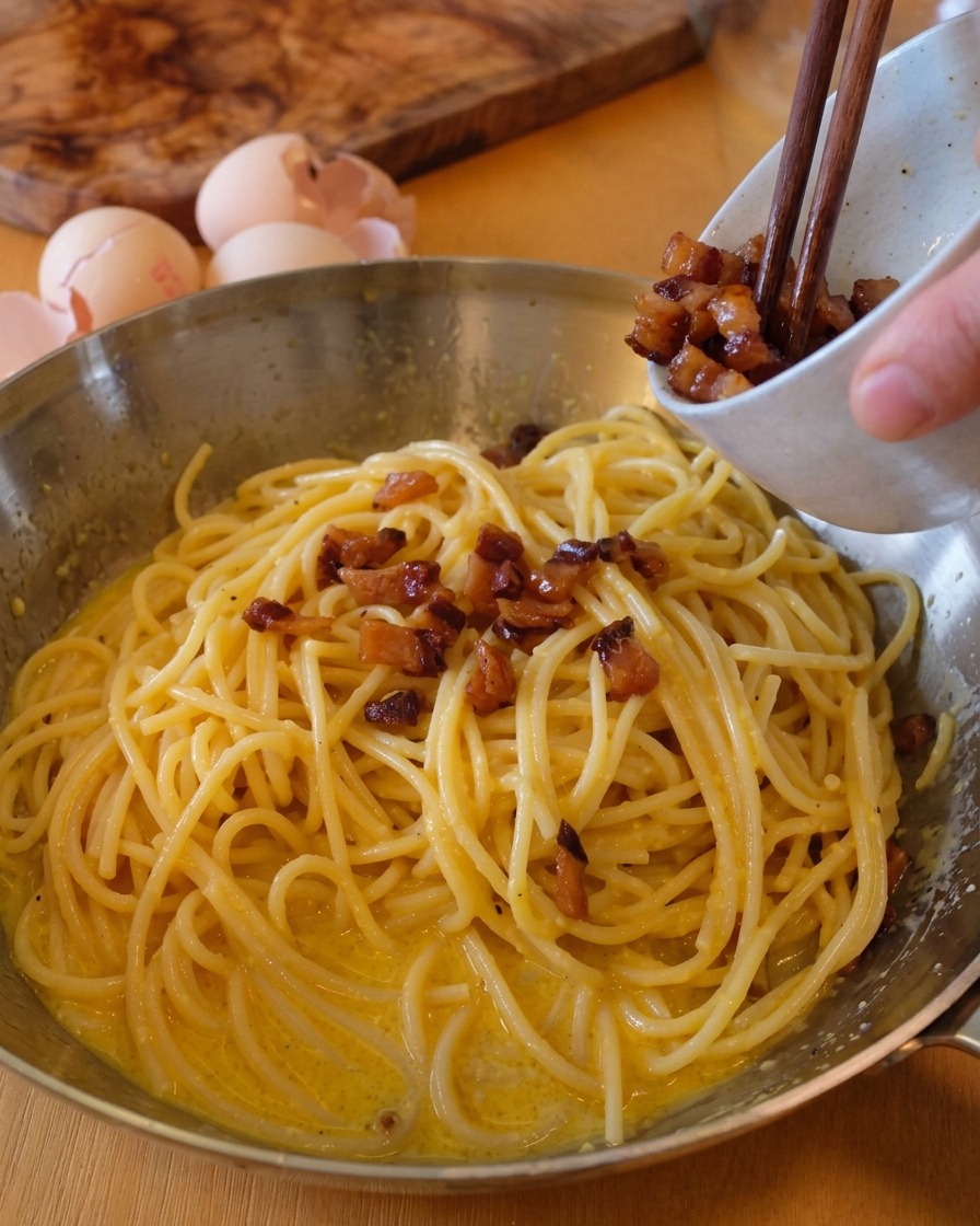 クリーミーに仕上がったパスタに、取り分けておいたグアンチャーレを戻し入れている様子。