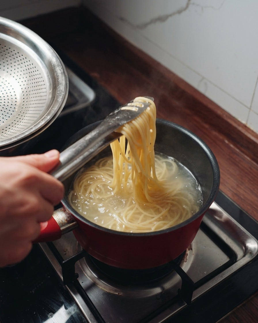 トングを使って、鍋から茹であがった湯気立つスパゲッティを引き上げている様子。