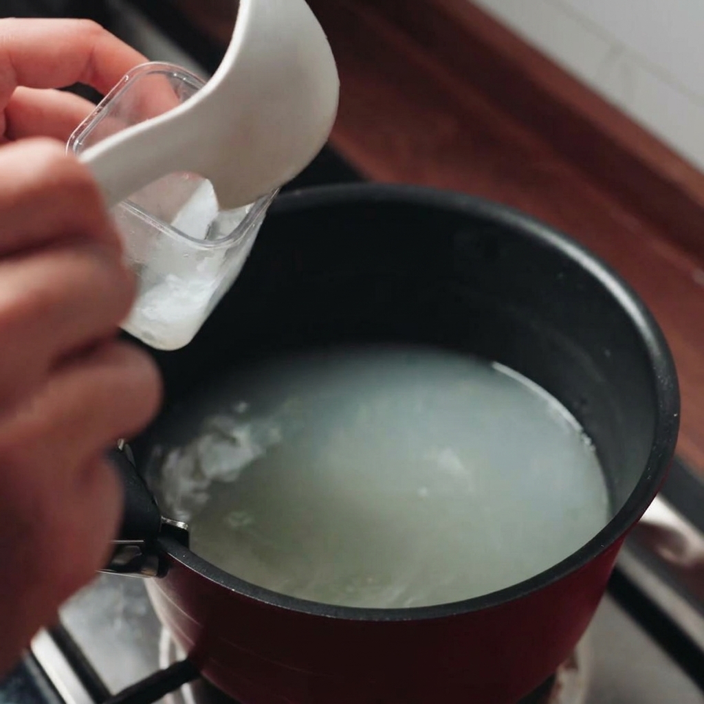 計量カップを使って、鍋から白濁したパスタの茹で汁をすくい取っている様子。