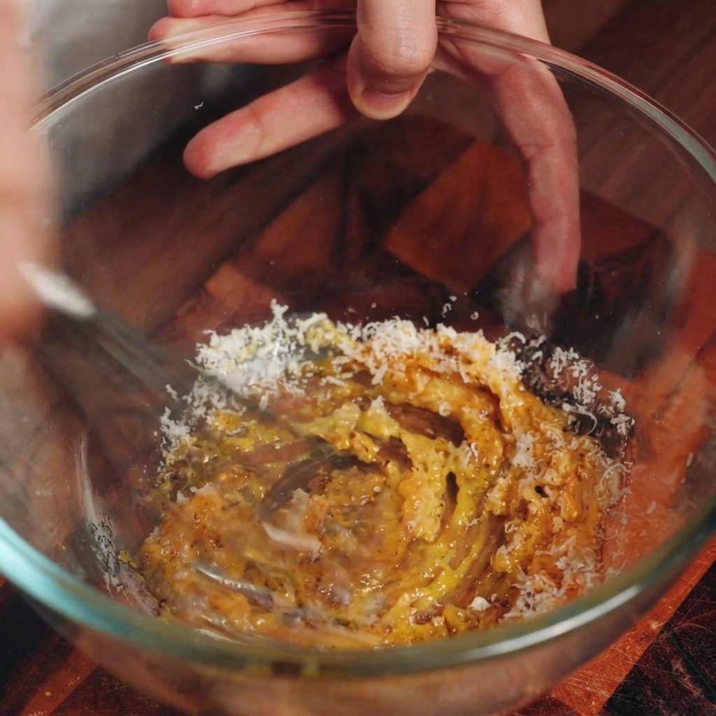 ボウルをかき混ぜながら、熱いパスタの茹で汁を少量ずつ注いでソースをのばす様子。