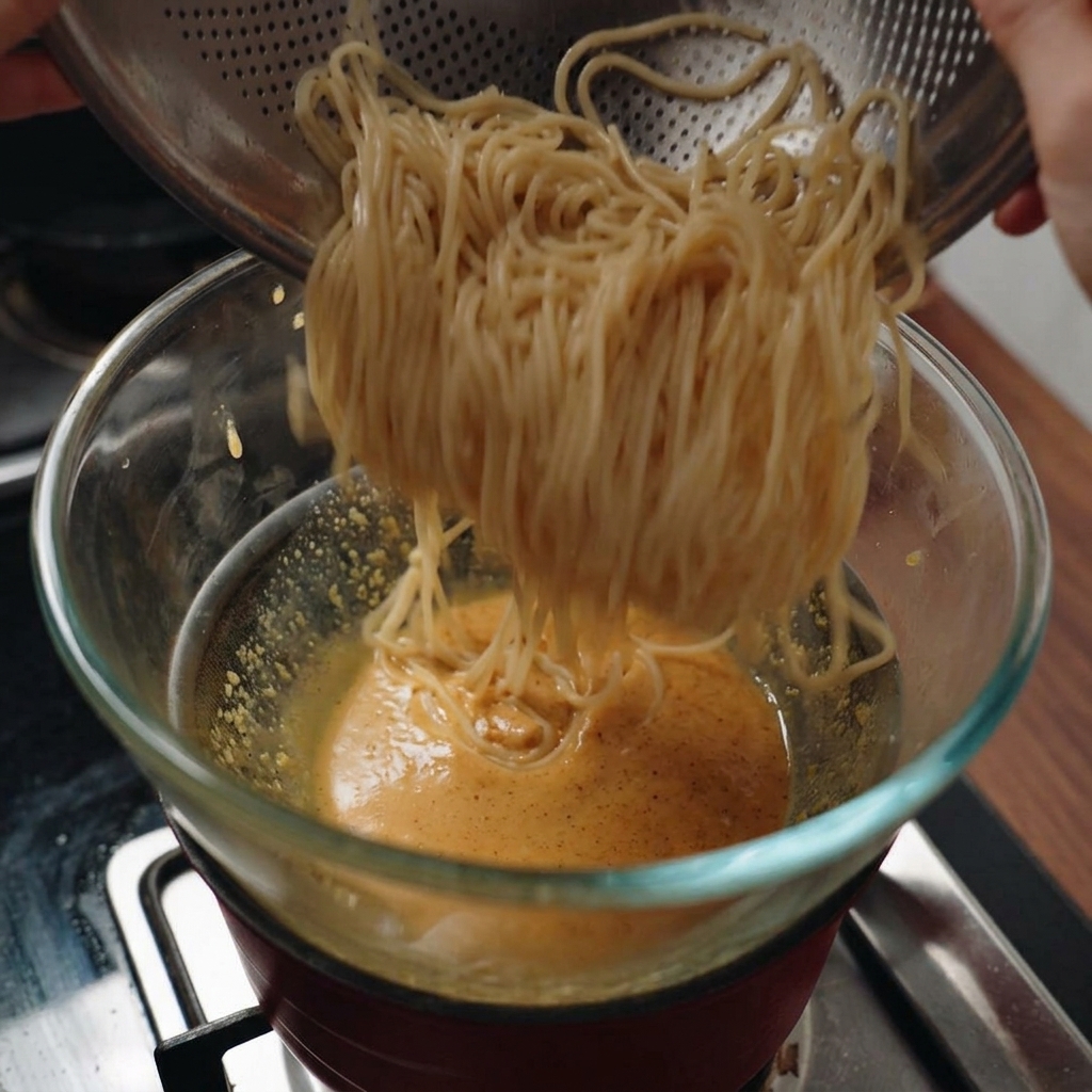 湯せんにかけたソースのボウルに、茹でたてのスパゲッティを投入している様子。