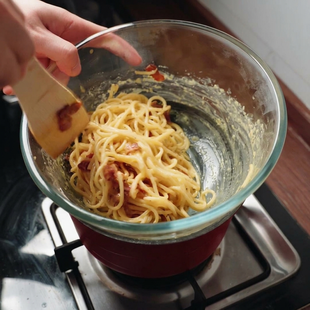 木べらを使って、麺とベーコンをソースに絡め、ツヤが出るまで混ぜている様子。