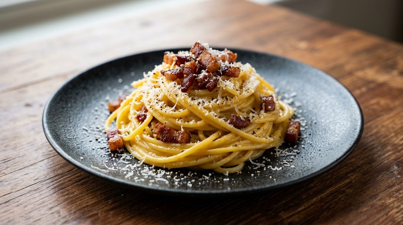 カリカリのベーコン、挽きたての黒こしょう、たっぷりのパルメザンチーズを添えた王道のスパゲッティ・カルボナーラ。