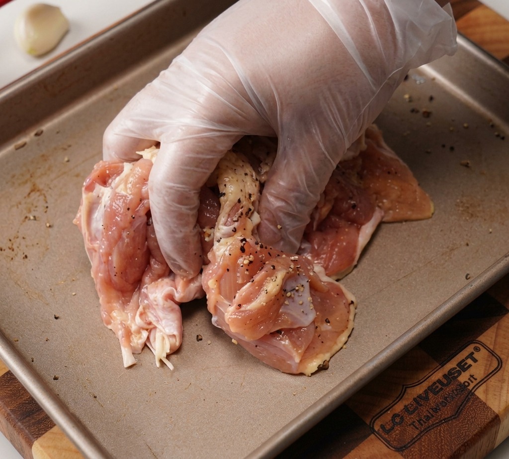 使い捨てのビニール手袋を着用した手で、調味料や料理酒、生姜を鶏もも肉にしっかりと揉み込んでいる様子。