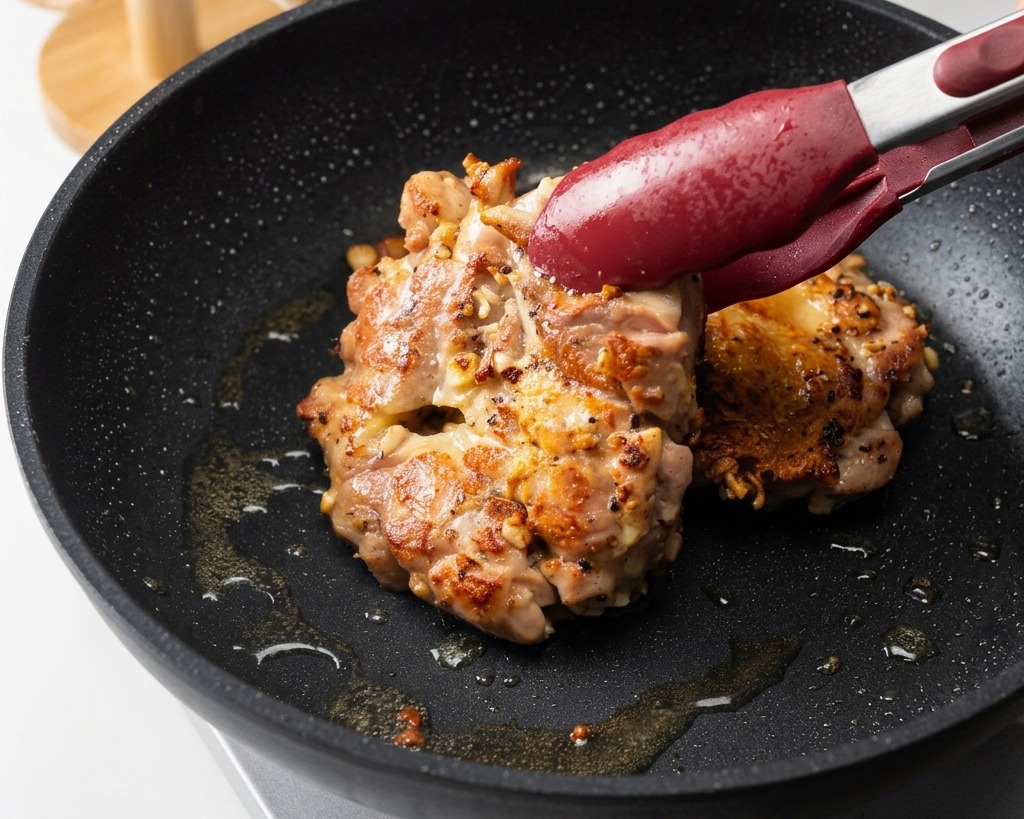 フライパンの中で、赤いトングを使って鶏もも肉を裏返したところ。皮目がきれいな狐色に焼き上がっている。