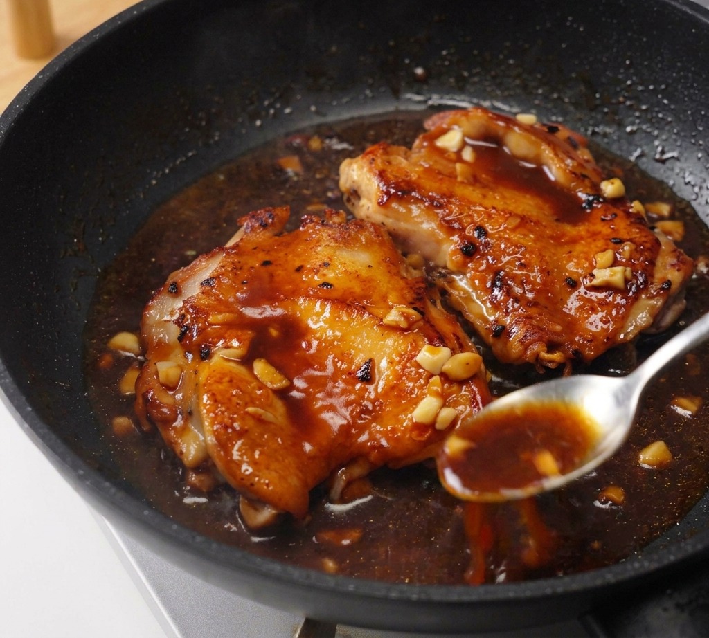 スプーンを使い、とろみのついた濃いタレを、フライパンの中でふっくらと煮える鶏肉の上へ何度も回しかけている様子。