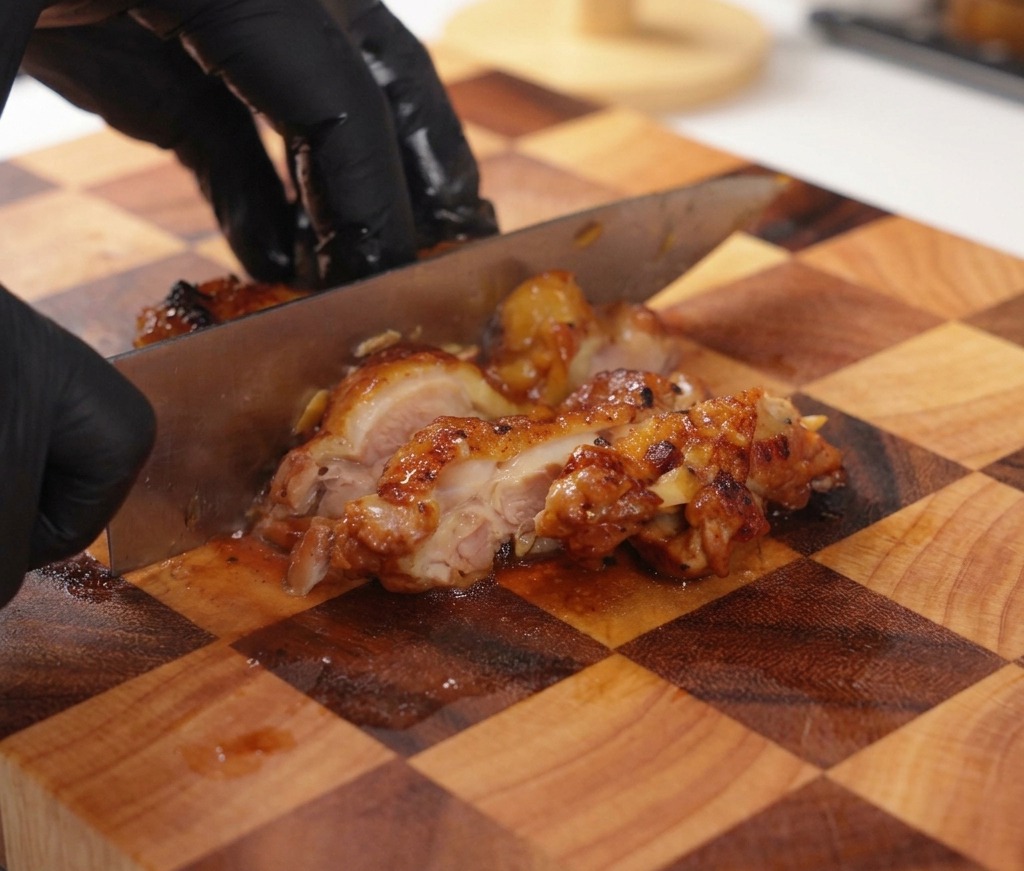 黒い手袋をはめた人が、まな板の上で艶やかに仕上がった照り焼きチキンを大きめの包丁で均等にスライスしている様子。