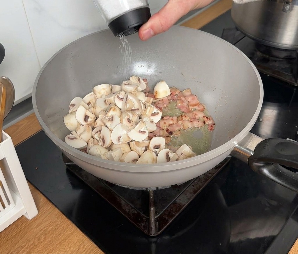 炒めたマッシュルームとベーコンに塩こしょうで味付けをする様子